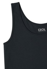 Débardeur noir sans manches avec encolure ronde et l’inscription "CECIL ESSENTIALS" imprimée à l’intérieur près du col.
