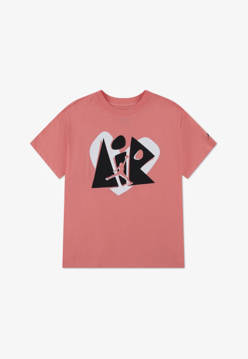 Ροζ βαμβακερό μπλουζάκι με μεγάλο ασπρόμαυρο γραφικό σχέδιο της λέξης «AIR» με τη σιλουέτα ενός ατόμου που πηδά στο κέντρο.