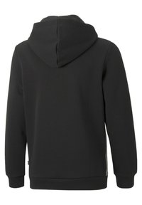 Sudadera negra hecha de tejido suave con un bolsillo tipo canguro, capucha ajustable con cordón y dobladillo y puños acanalados. Diseño casual, estilo simple.