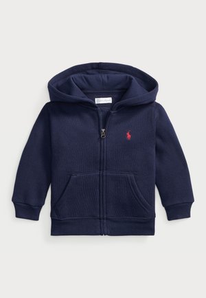Marineblauer Reißverschluss-Hoodie für Kleinkinder mit Fronttaschen, Kapuze und kleinem roten, gesticktem Polo-Spieler-Logo auf der linken Brust.