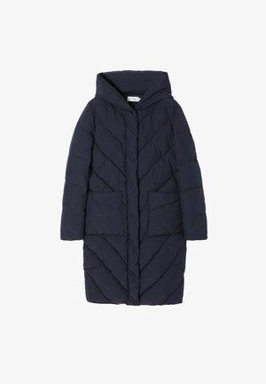 Marineblauer Daunenmantel mit Kapuze, der ein Zickzacksteppmuster aufweist, zwei vordere Taschen hat und in mittellanger Ausführung gestaltet ist.