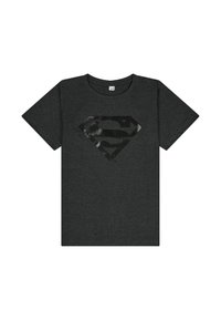 Czarnoszary t-shirt wykonany z bawełny, z błyszczącą czarną grafiką w kształcie diamentu z logo 'S' na środku. Krótkie rękawy.