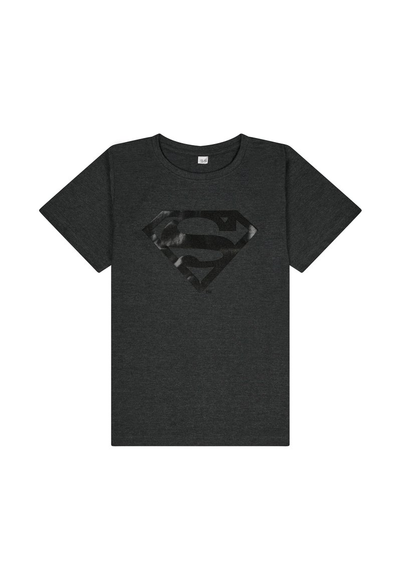Czarnoszary t-shirt wykonany z bawełny, z błyszczącą czarną grafiką w kształcie diamentu z logo 'S' na środku. Krótkie rękawy.
