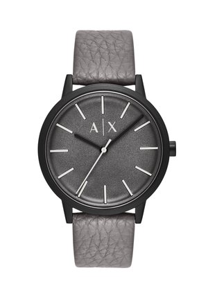 Runde schwarze Uhr mit strukturiertem grauem Zifferblatt, minimalistischen weißen Stundenmarkierungen, schwarzen und weißen Zeigern und grauem Lederarmband.