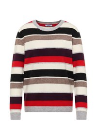 Gestreifter Pullover mit langen Ärmeln und horizontalen Bändern in Schwarz, Weiß, Braun, Lila und Rot sowie einem grauen Rippkragen und Rippbündchen.