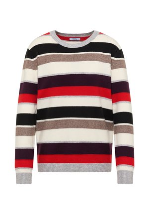 Gestreepte lange mouwen trui met horizontale zwarte, witte, bruine, paarse en rode banden en een grijze geribbelde kraag en manchetten.