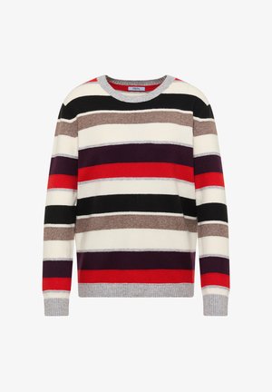Gestreifter Pullover mit langen Ärmeln und horizontalen Bändern in Schwarz, Weiß, Braun, Lila und Rot sowie einem grauen Rippkragen und Rippbündchen.
