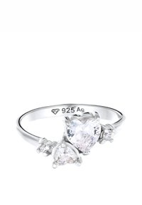 Bague en argent avec des pierres précieuses claires en forme de cœur, une grande et une plus petite, accentuées par de petites pierres rondes. Marquée "925 Ag" à l'intérieur de l'anneau.