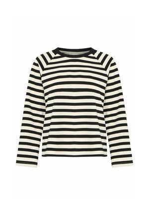 Haut à manches longues à rayures noires et blanches avec un col rond et des manches raglan ; fabriqué en tissu lisse avec un bord noir contrastant.