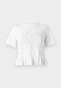 Haut blanc à manches courtes avec un buste froncé à volants et un ourlet évasé, présentant un design texturé et une couleur unie.