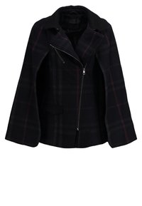 Veste à carreaux noire et foncée avec une fermeture éclair devant, un col pointu et de grands revers. Comprend une poche latérale et une silhouette évasée. Tissu en mélange de coton.