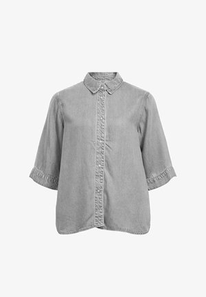 Short-sleeve grey denim shirt with collar and snap button closure down the front, loose fit, and visible seam details.