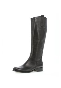 Black leather knee-high boot with a slightly pointed toe and a low block heel. Features a pull tab at the top for easy wear.