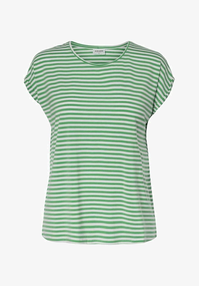 Camiseta de manga corta a rayas verdes y blancas, con tejido ligero, escote redondo, ajuste relajado, con rayas horizontales en todo su diseño.