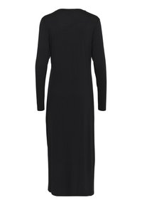 Black long-sleeve dress, made of smooth fabric, features a round neckline and a straight cut, extending to mid-calf length.