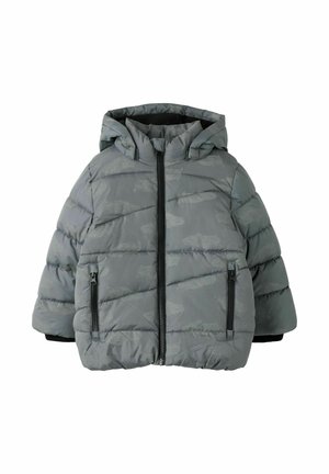 Veste matelassée pour enfant grise à capuche avec fermeture éclair à l'avant et deux poches latérales zippées, rembourrée et matelassée pour la chaleur.