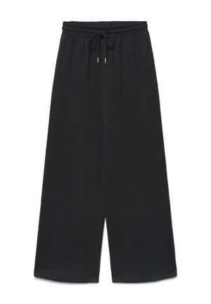 Schwarze breite Hose mit elastischem Bund und Kordelzug, für eine lockere und bequeme Passform entworfen.