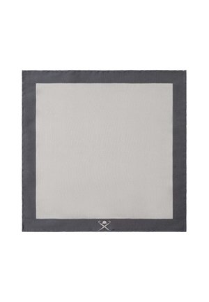Gray and light gray linen placemat with a simple border design and a logo in the corner, featuring soft texture and square shape.
