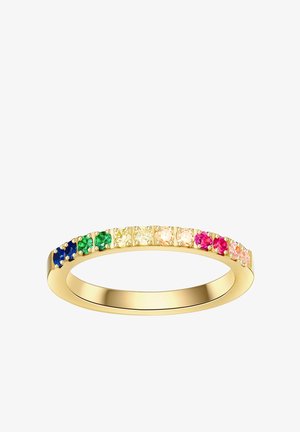 Auksinis žiedas, kuriame yra spalvotų akmenukų eilė: mėlyna, žalia, geltona, rožinė ir raudona. Lygus žiedas su įstatytais akmenimis papildomam akcentui.