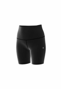 Zwarte high-waisted sportshorts met een aansluitend ontwerp, een gladde textuur en minimale branding op het rechteronderbeen.