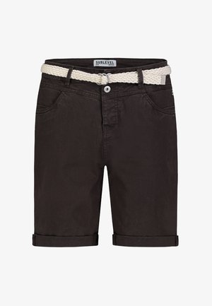 Schwarze knielange Shorts mit umgeschlagenen Säumen und einem weißen geflochtenen Gürtel, der durch Gürtelschlaufen geführt wird, Größe Medium.