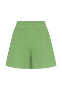 Zeleni, teksturirani bombažni kratki hlače z elastičnim pasom in ohlapnim krojem, ki imajo dolžino do sredine stegna in diskretne šive.