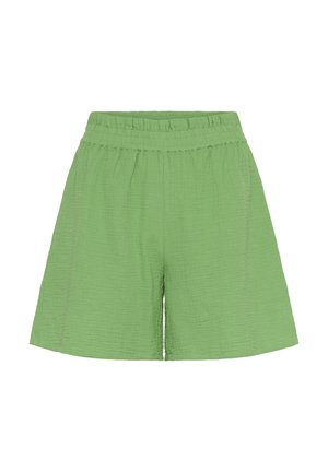 Green, textured cotton shorts with an elastic waistband and loose fit, featuring a mid-thigh length and subtle stitching details.