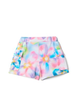 Pantalones cortos con estampado floral colorido, cintura elástica y bolsillos tipo cargo en ambos lados, en tonos pastel de azul, rosa, verde y amarillo.
