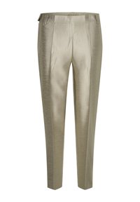 Fijn gouden op maat gemaakte broeken met een gladde, glanzende textuur, voorzien van voorplooien en een rechte pijp. Zit stevig om de taille.