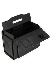 Schwarze tragbare Tasche aus synthetischem Leder mit einem Obergriff, großem Innenraum, Frontklappe und mehreren Fächern für eine organisierte Aufbewahrung.