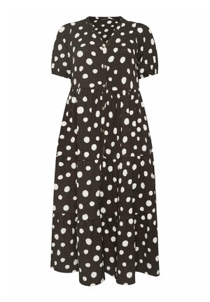 Sort midi-kjole med hvide uregelmæssige polkaprikker, korte pufærmer, V-hals, knapper foran og lagdelt nederdel.