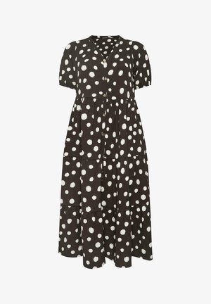 Sort midi-kjole med hvide uregelmæssige polkaprikker, korte pufærmer, V-hals, knapper foran og lagdelt nederdel.