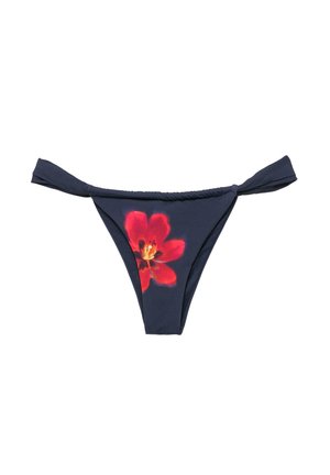 Marineblaue Bikinihose mit seitlichen Bändern und einem großen roten Blumenmuster in der vorderen Mitte.