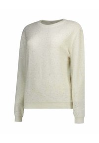 Maglione beige chiaro con scollo tondo, maniche lunghe e finitura testurizzata con paillettes argento sparse per un dettaglio aggiuntivo.