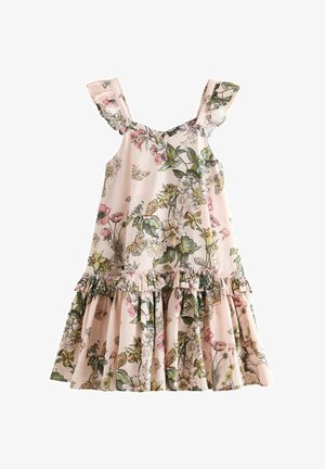 Floral jurk met franje schouderbanden, roze achtergrond, gerimpelde zoom, gedetailleerd print van bloemen en vlinders, lichte stof, A-lijn silhouet.
