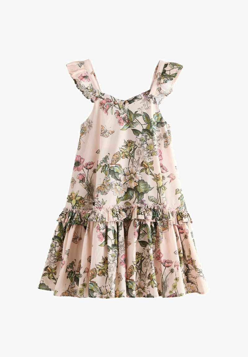 Blumenkleid mit Rüschenträgern, rosa Hintergrund, geraffter Saum, detaillierter Druck von Blumen und Schmetterlingen, leichter Stoff, A-Linie-Silhouette.