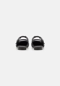 Schwarze Leder-Sandalen mit zwei verstellbaren Riemen, offener Rücken, flacher Sohle und minimalistischer Gestaltung. Strukturierte Lederdetails an den Riemen.