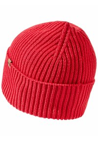 Rode gebreide beanie met ribbelstructuur, slouchy ontwerp en een klein metallic logo detail aan de zijkant. Zacht en rekbaar materiaal.
