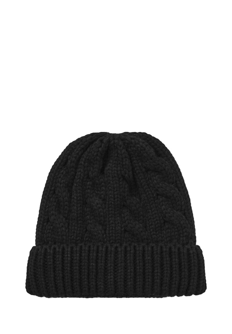 Czarna dziana czapka beanie z teksturowanym wzorem w warkocz oraz ściągaczem u podstawy. Wykonana z miękkiego, grubego przędzy dla ciepła.