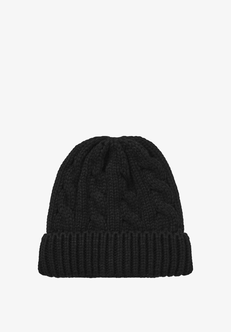 Czarna dziana czapka beanie z teksturowanym wzorem w warkocz oraz ściągaczem u podstawy. Wykonana z miękkiego, grubego przędzy dla ciepła.