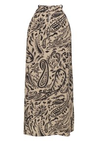 Jupe longue beige avec motif cachemire noir, dotée d'une taille haute, d'une texture de tissu lisse et d'une fermeture par bouton à l'arrière.