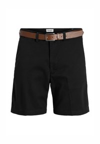 Pantaloni corti neri in cotone tessuto, dotati di una vita piatta, tasche laterali e una cintura in pelle marrone con fibbia in metallo.