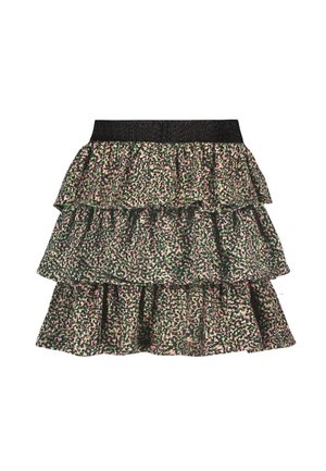 Mehrlagiger Rüschenrock mit schwarzem elastischem Bund, mit kleinem mehrfarbigem Blumenmuster in Grüntönen, Pink und Schwarz.