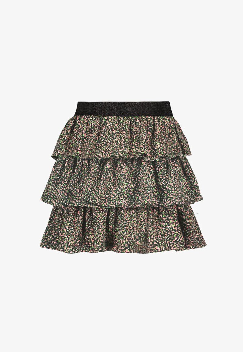 Jupe à volants en étages avec ceinture élastique noire, présentant un petit motif floral multicolore dans des tons verts, roses et noirs.