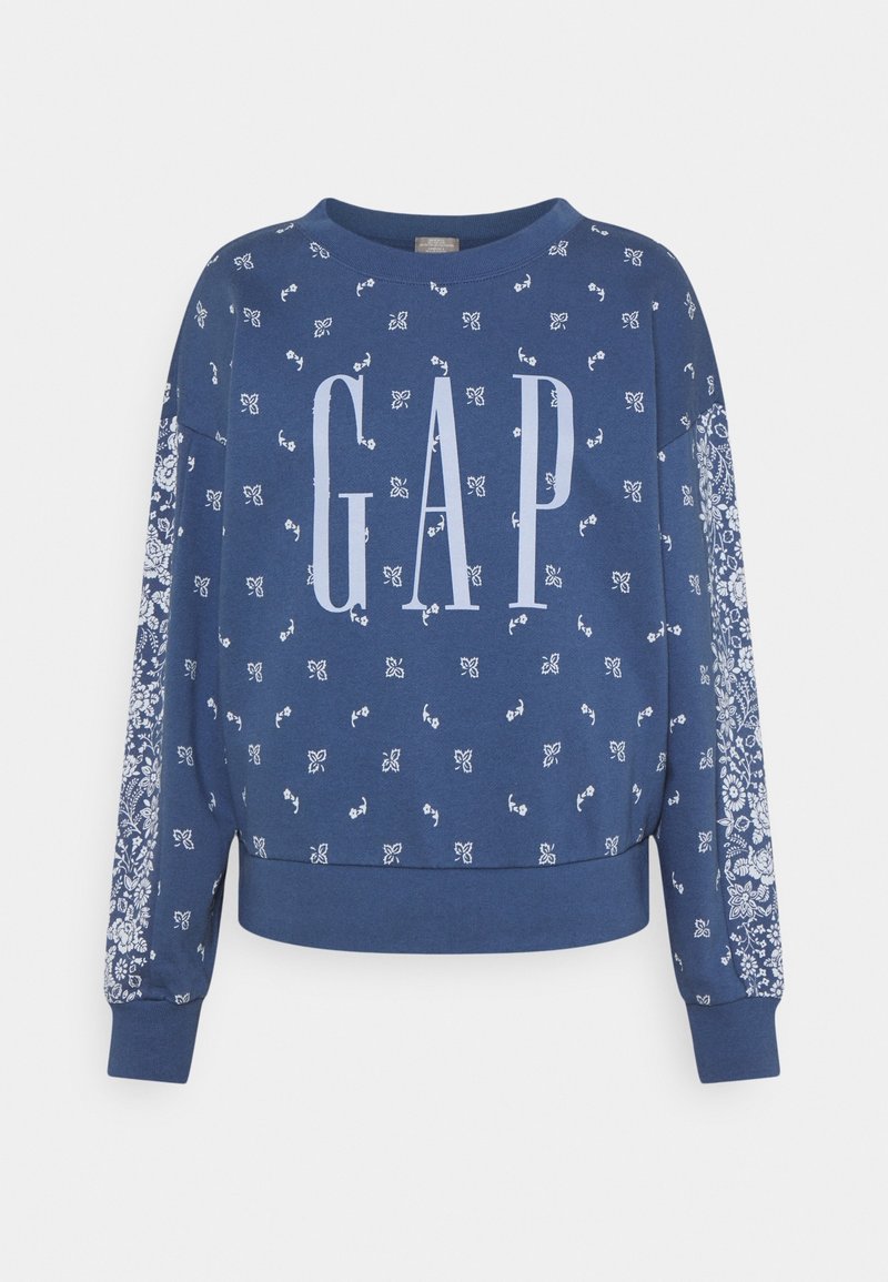 Donkerblauwe sweatshirt met wit "GAP"-logo, bloemenpatronen op de mouwen, geribbelde manchetten en zoom, ronde hals, gemaakt van zachte stof.