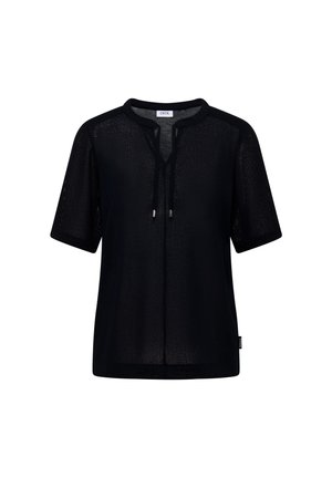 Sort kortærmet mesh-top med rund halsudskæring, bindedetaljer foran og et lille mærke på sidesømmen.