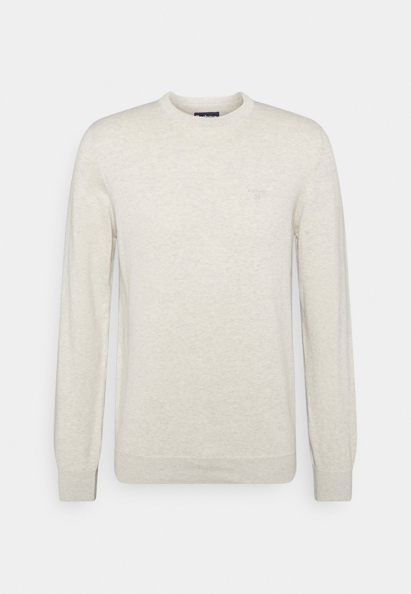 Pull beige clair à manches longues et col rond avec poignets et ourlet côtelés, orné d'un petit logo brodé sur la poitrine gauche.