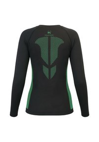 Long-sleeve black shirt featuring green side accents and a patterned design on the back, made from moisture-wicking material.
