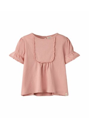Bluză moale roz cu mâneci scurte pentru copii mici, cu bordură cu volane în jurul pieptarului pătrat și marginilor mânecilor, realizată din material ușor.