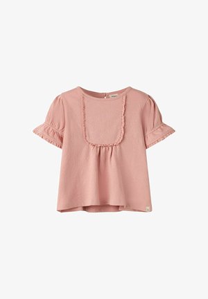 Bluză moale roz cu mâneci scurte pentru copii mici, cu bordură cu volane în jurul pieptarului pătrat și marginilor mânecilor, realizată din material ușor.